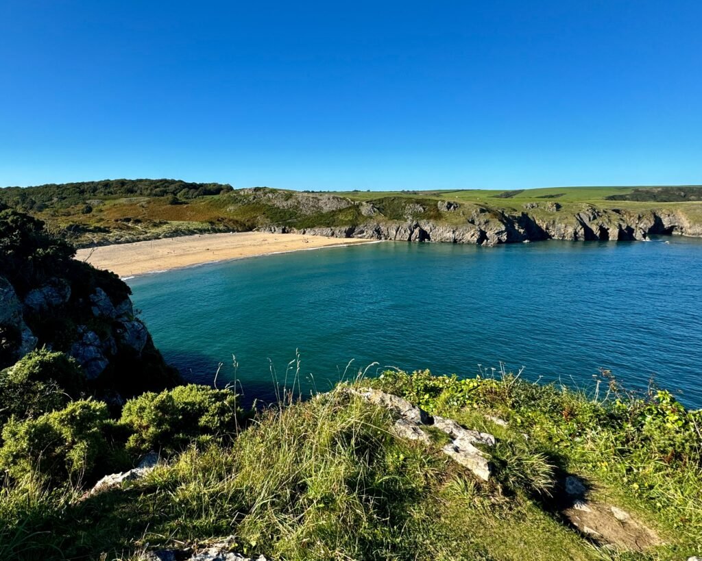 Barafundle Bay and beach from the coast path, Pembrokeshire, Wales