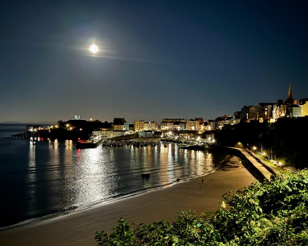 Tenby at night, illuminated by the Harvest Moon, Pembrokeshire, Wales