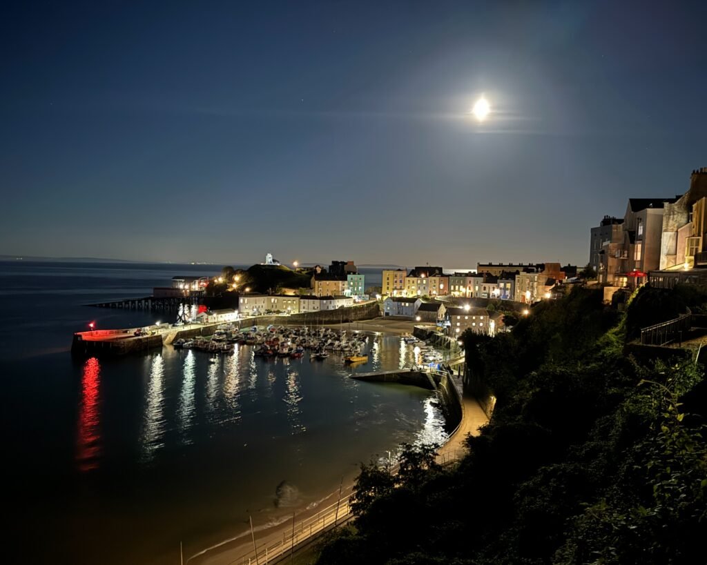 Tenby lit up by the Harvest Moon, Pembrokeshire, Wales