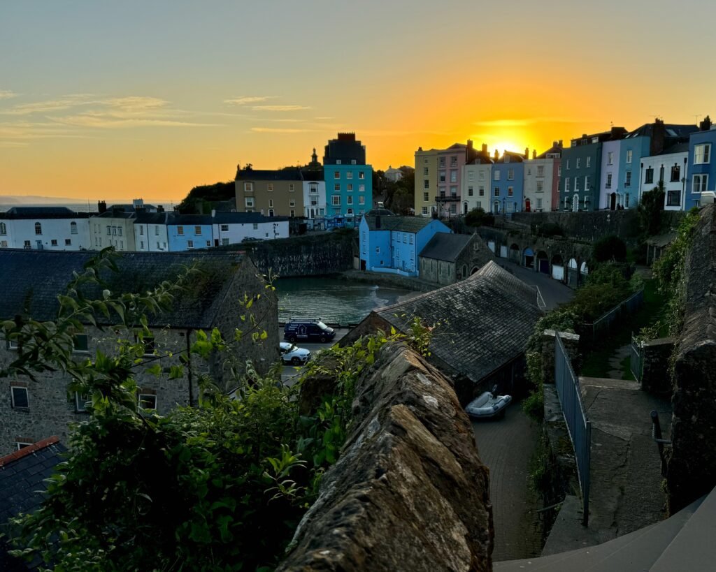 Sun rising above Tenby, Pembrokeshire, Wales